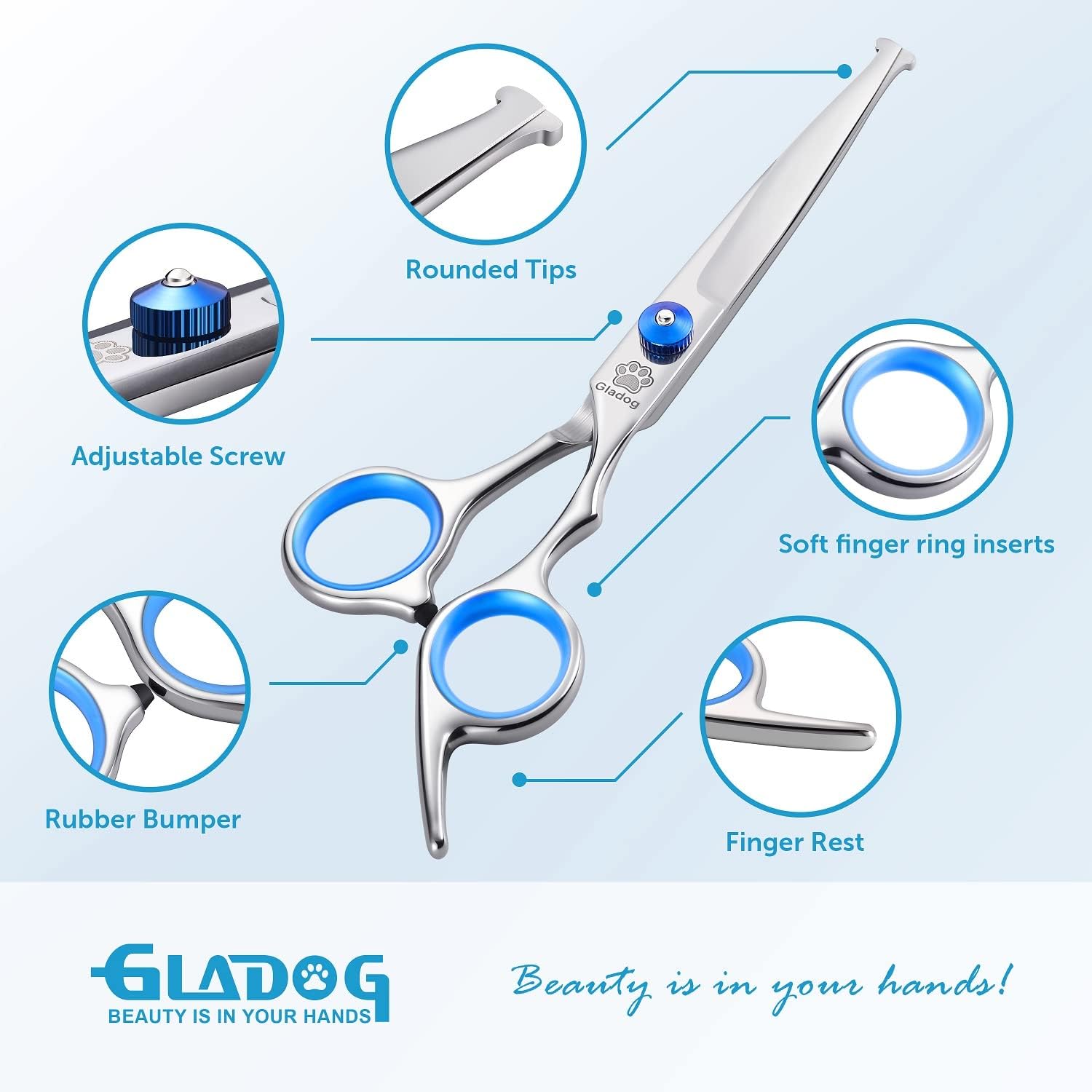 GLADOG Kit Tijeras de Grooming 5 en 1 para Perros y Gatos | Tijeras de Acero Inoxidable con Puntas Redondeadas + Peine y Estuche