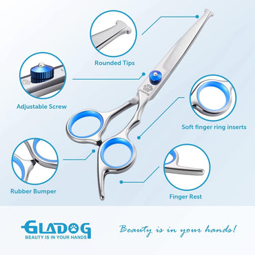 GLADOG Kit Tijeras de Grooming 5 en 1 para Perros y Gatos | Tijeras de Acero Inoxidable con Puntas Redondeadas + Peine y Estuche