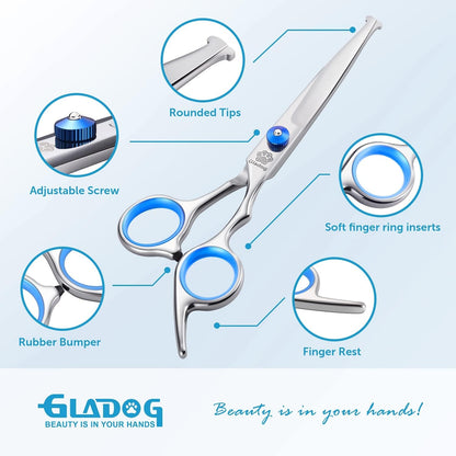 GLADOG Kit Tijeras de Grooming 5 en 1 para Perros y Gatos | Tijeras de Acero Inoxidable con Puntas Redondeadas + Peine y Estuche