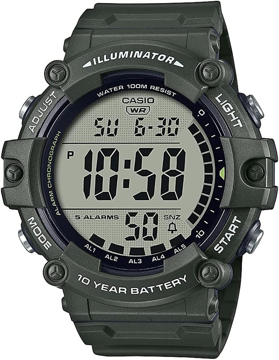 Illuminator AE1500WH Series | 10-Year Battery | LED Backlight | 5-Alarms | 1/100 Sec Stopwatch | Men'S Digital Watch