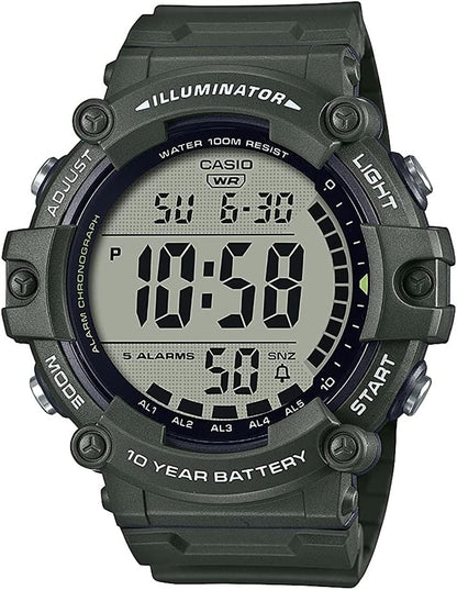 Illuminator AE1500WH Series | 10-Year Battery | LED Backlight | 5-Alarms | 1/100 Sec Stopwatch | Men'S Digital Watch
