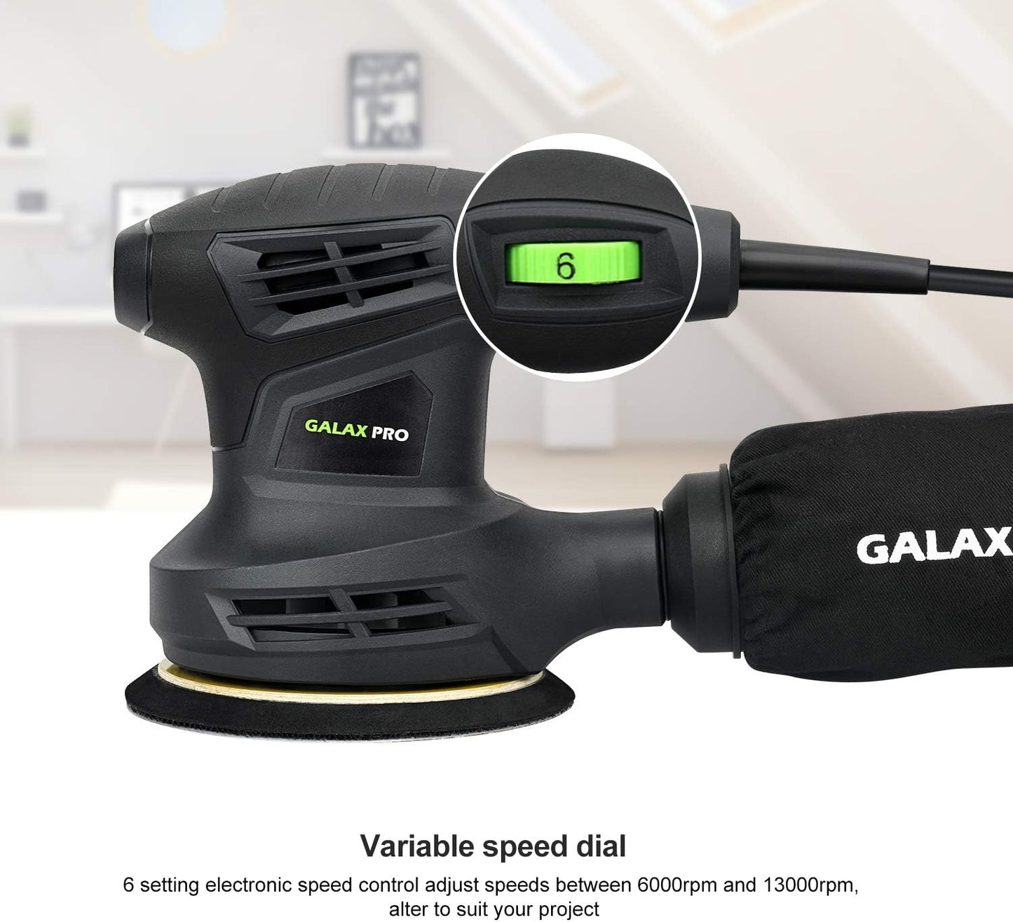 Lijadora Orbital 280W, 13.000 OPM con 6 Velocidades Variables – Lijadora Eléctrica de 5” con Colector de Polvo y 15 Discos de Lija – Para Madera, Metal y Plástico