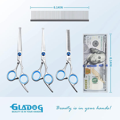 GLADOG Kit Tijeras de Grooming 5 en 1 para Perros y Gatos | Tijeras de Acero Inoxidable con Puntas Redondeadas + Peine y Estuche