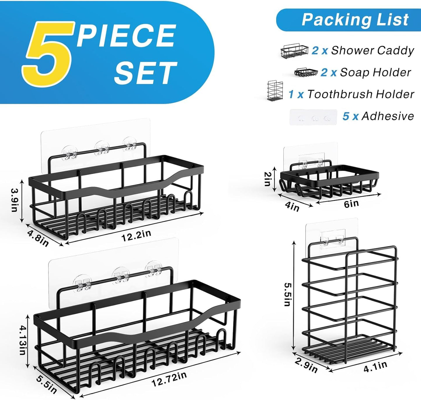 Organizador de Ducha Adhesivo 5 en 1, Estantes de Acero Inoxidable Antióxido XL, Sin Taladro, con Porta Jabón y Porta Cepillos de Dientes
