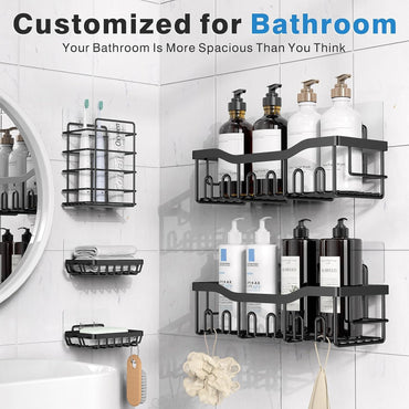 Organizador de Ducha Adhesivo 5 en 1, Estantes de Acero Inoxidable Antióxido XL, Sin Taladro, con Porta Jabón y Porta Cepillos de Dientes