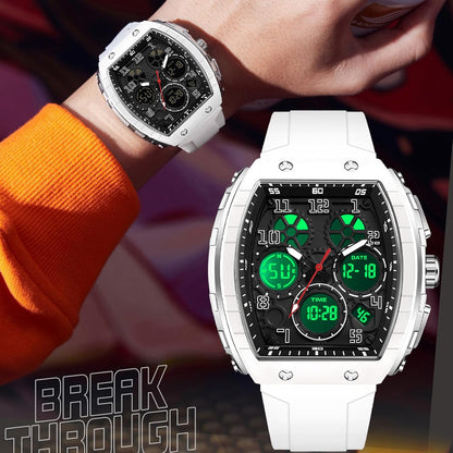 Reloj para Hombre Rectangular (Blanco) — Analógico + Digital, Doble Hora, Cronómetro, Cuenta Regresiva, 5 ATM, Estilo Punk, Correa de Silicona