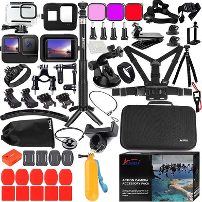 Kit de Accesorios 62-en-1 para GoPro Hero 13/12/11/10/9 Black — Carcasa Sumergible, Funda de Silicona, Protectores de Vidrio, Palo Selfie de Aluminio y más (Husiway)