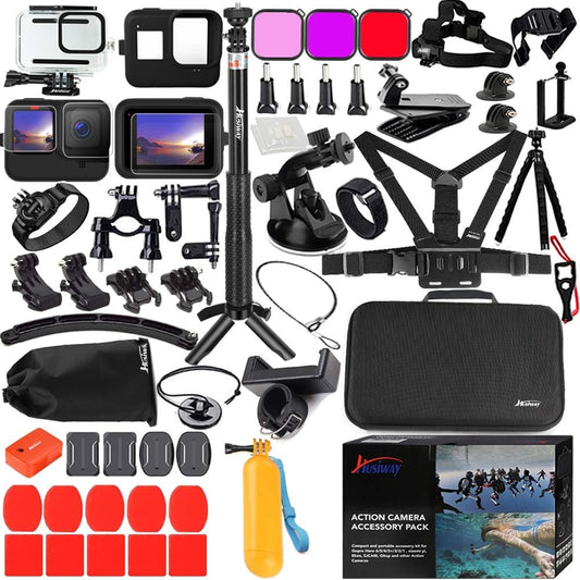 Kit de Accesorios 62-en-1 para GoPro Hero 13/12/11/10/9 Black — Carcasa Sumergible, Funda de Silicona, Protectores de Vidrio, Palo Selfie de Aluminio y más (Husiway)