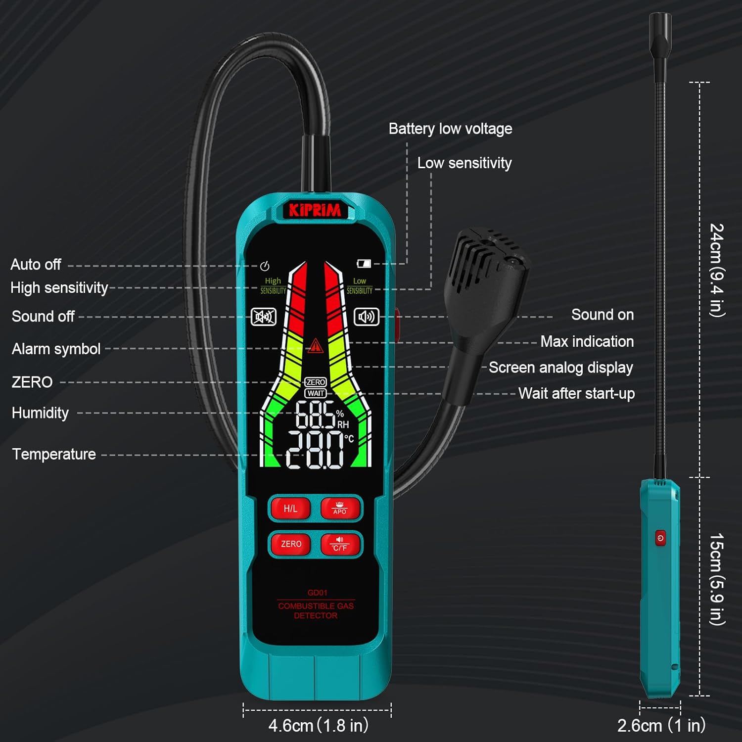 Detector de Fugas de Gas Kiprim GD01, Alta Sensibilidad con Sonda Flexible de 9,4", Alarma Visual y Sonora, Portátil para Propano, Metano y Gas Natural – Uso en Hogar y RV