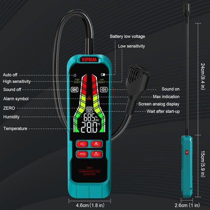 Detector de Fugas de Gas Kiprim GD01, Alta Sensibilidad con Sonda Flexible de 9,4", Alarma Visual y Sonora, Portátil para Propano, Metano y Gas Natural – Uso en Hogar y RV