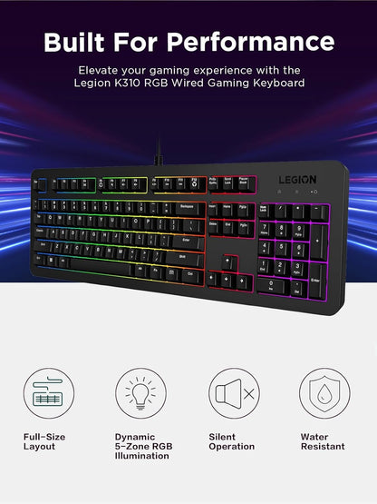 Lenovo Legion K310 Teclado Gamer con Cable – RGB, Respuesta Rápida, Teclas Silenciosas y Diseño Resistente al Agua