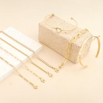 Set de Pulseras para Mujer – Brazalete Dorado Tipo Cuff con Nudo + Pulsera Tennis con Zirconias, Baño de Oro 14K, Antidesgaste, Elegante y de Moda
