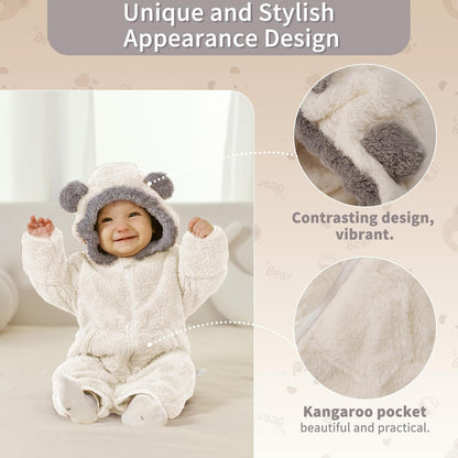 Traje Blanco de Oso para Bebé Recién Nacido con Mitones Plegables y Patucos para Niñas y Niños Ropa de Invierno de Vellón con Capucha Mameluco Traje de Nieve
