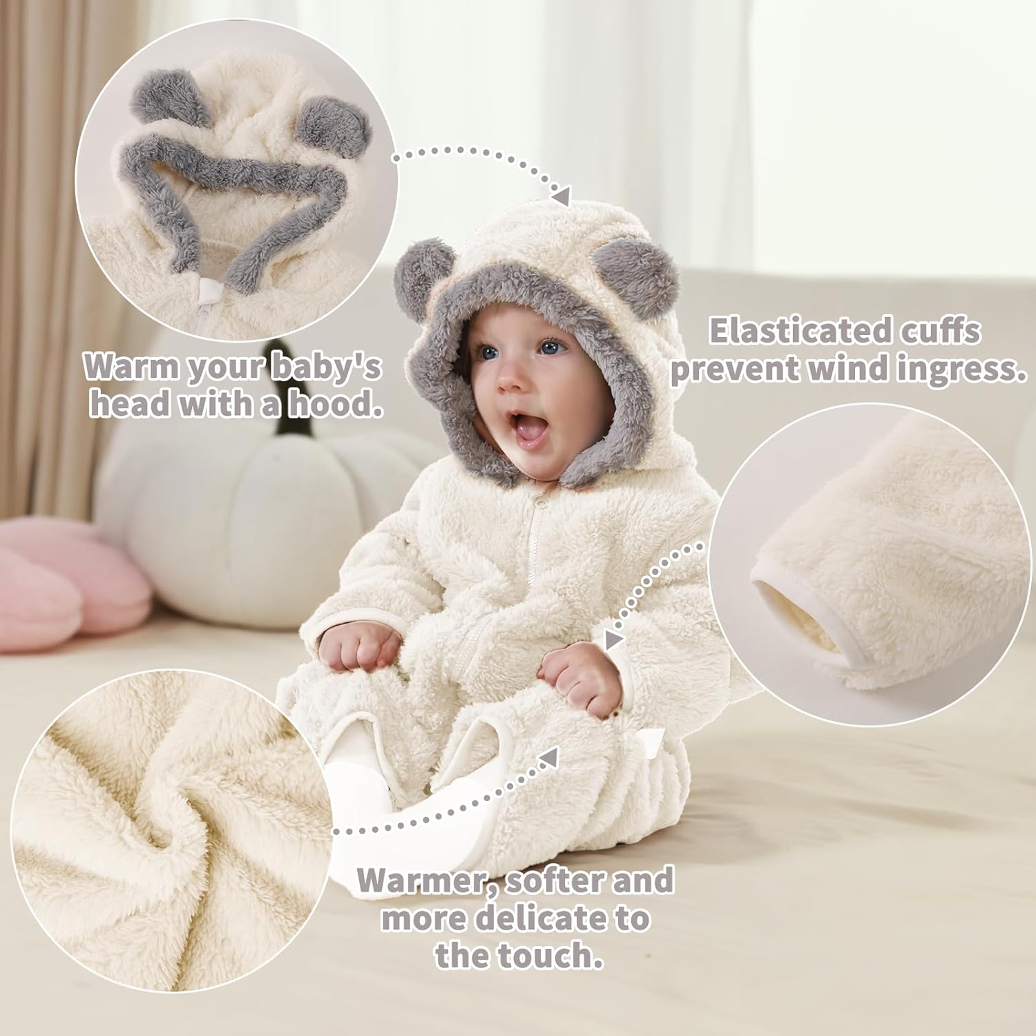 Traje Blanco de Oso para Bebé Recién Nacido con Mitones Plegables y Patucos para Niñas y Niños Ropa de Invierno de Vellón con Capucha Mameluco Traje de Nieve