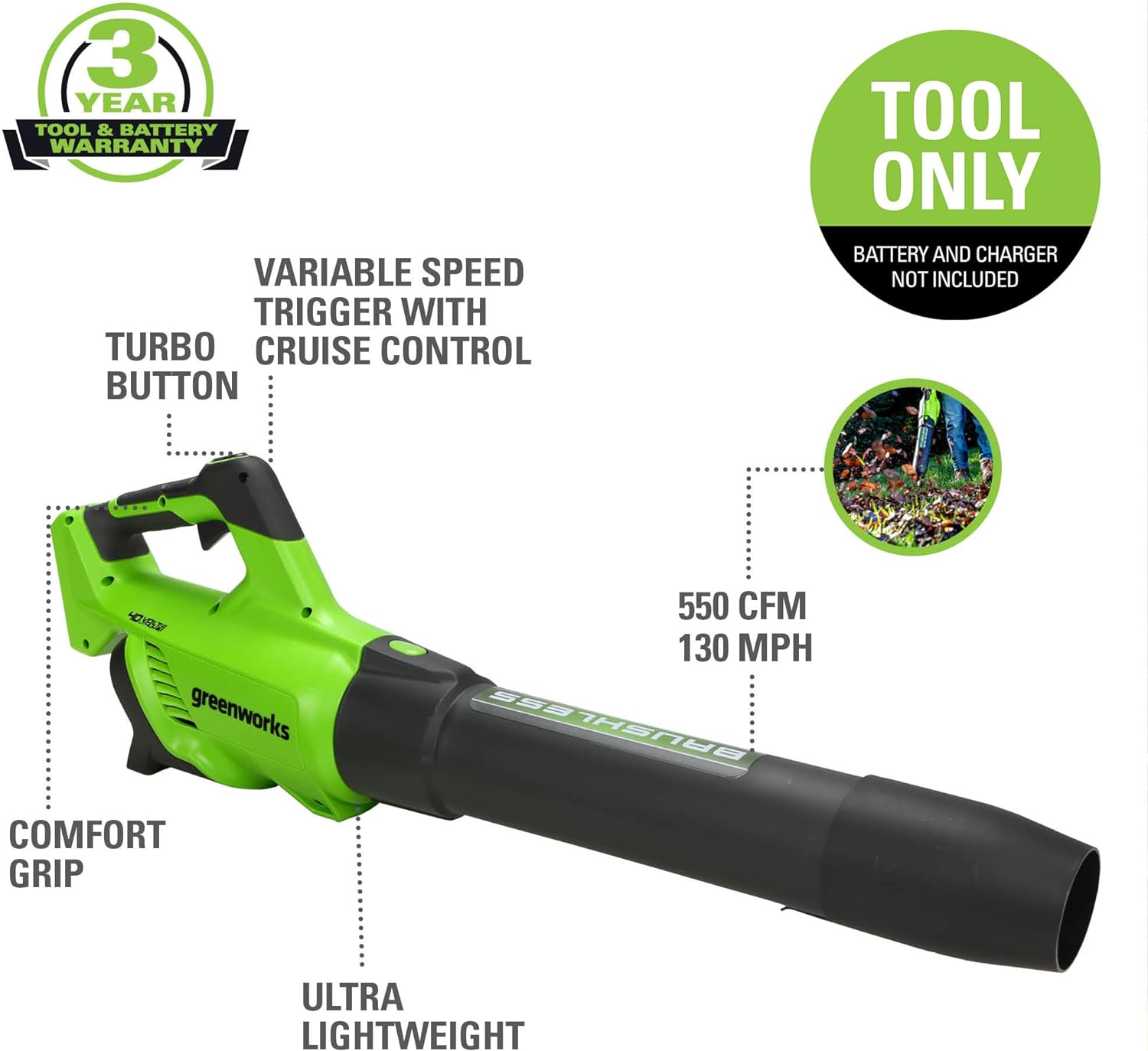 Soplador de hojas Greenworks | Soplador axial inalámbrico sin escobillas de 40 V (130 MPH / 550 CFM/75+ herramientas), solo herramienta