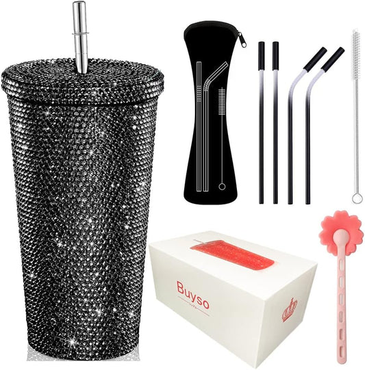 Vaso térmico con diamantes de imitación con tapa | 500 ml | Aislado de acero inoxidable con diamantes de imitación de primera calidad | Color: Negro