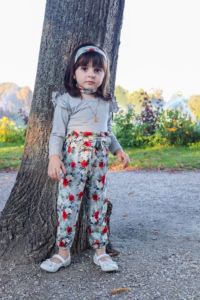 3 piezas de ropa para niña, color liso, manga larga, con volantes, pantalones florales y diadema, 1-6 años, conjunto de otoño/invierno