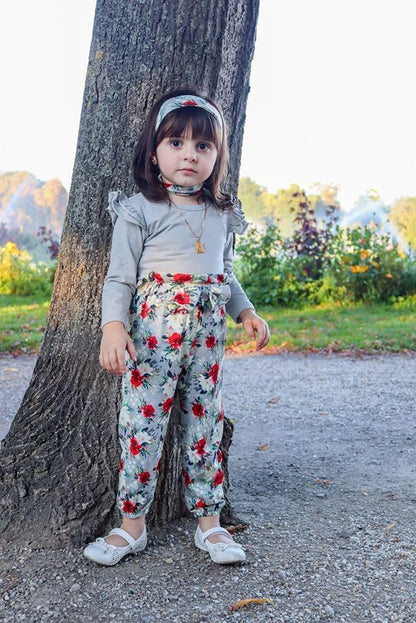 3 piezas de ropa para niña, color liso, manga larga, con volantes, pantalones florales y diadema, 1-6 años, conjunto de otoño/invierno