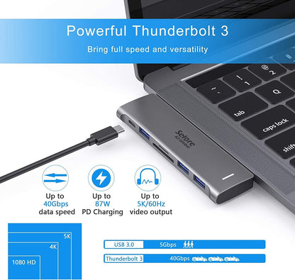 Adaptador USB C para MacBook Pro/Air M1 M2 M3 2021 2020 2019 13" 15" 16", 6 en 1 USB-C Hub MacBook Pro Accesorios con 3 puertos USB 3.0, lector de tarjetas USB C a SD/TF y puerto Thunderbolt 3 PD de