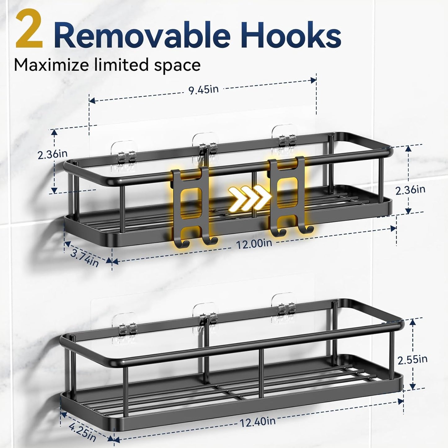 Organizador de ducha adhesivo | Estantes de ducha inoxidables para ducha interior | Gran capacidad y almacenamiento | Con ganchos extraíbles