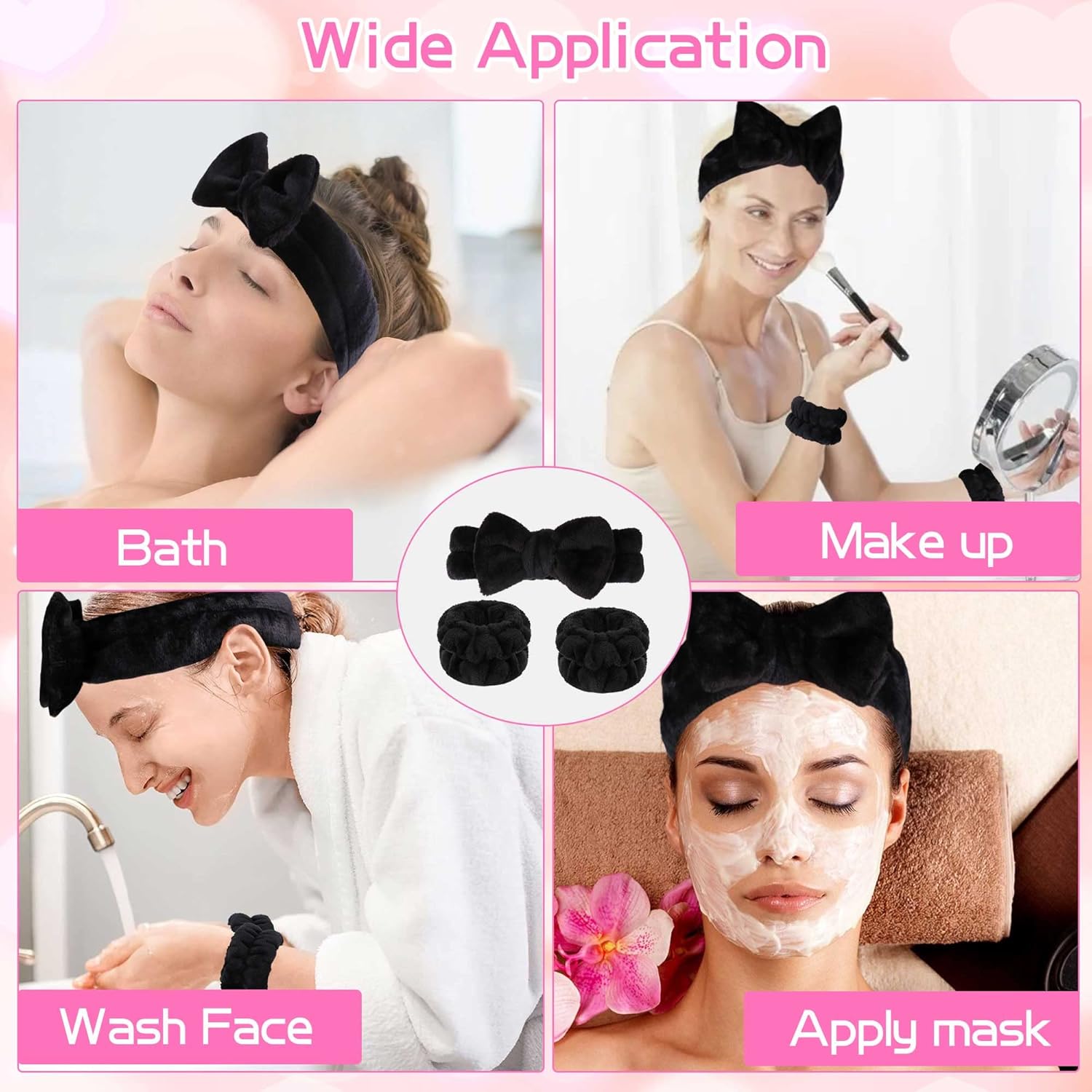 Diademas de maquillaje - 1 diadema de spa negra +  2 muñequeras absorbentes 