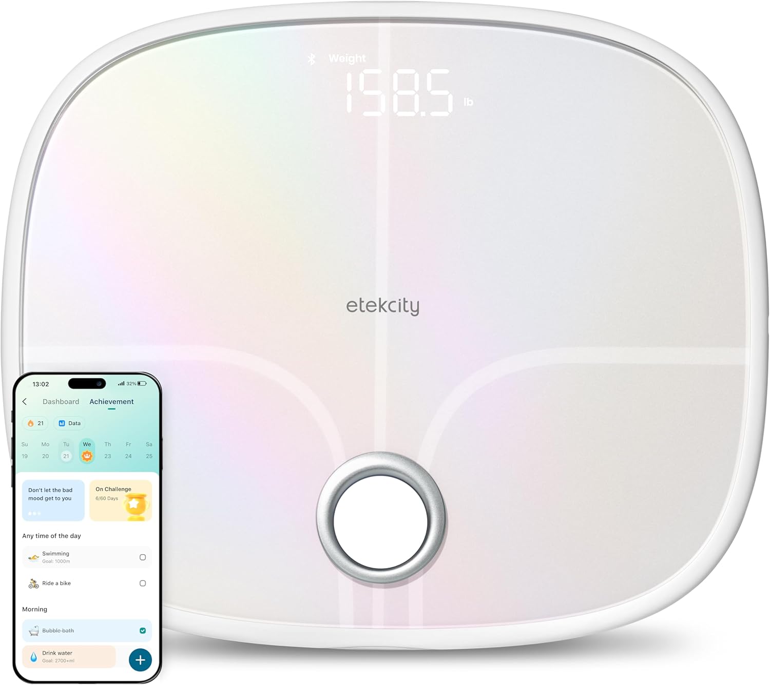 Báscula Inteligente Digital con Bluetooth – Balanza de Baño con BMI, Grasa Corporal, Masa Muscular y 13 Métricas – Compatible con Apple Health, FitBit, Google Fit y Samsung Health – Capacidad 180kg / 400lb