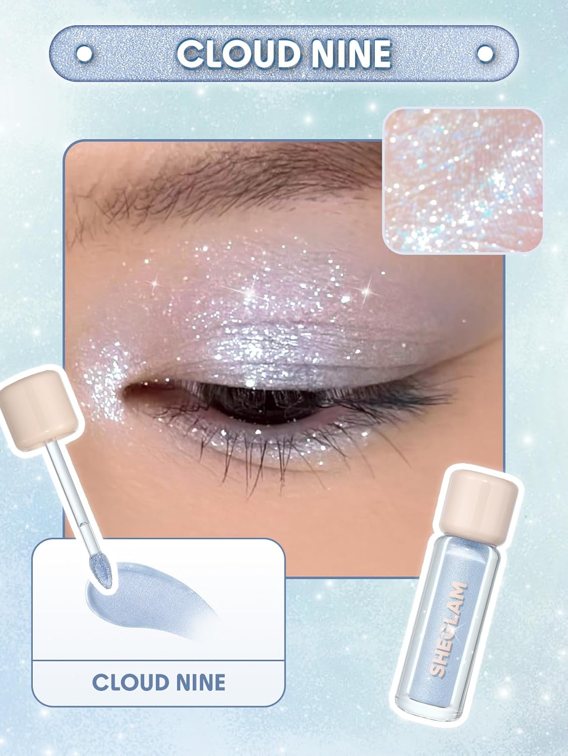 Tinte de ojos líquido larga duración | 16 horas | Sombra de ojos líquida brillante | Color de alto impacto | Color: Cloud Nine