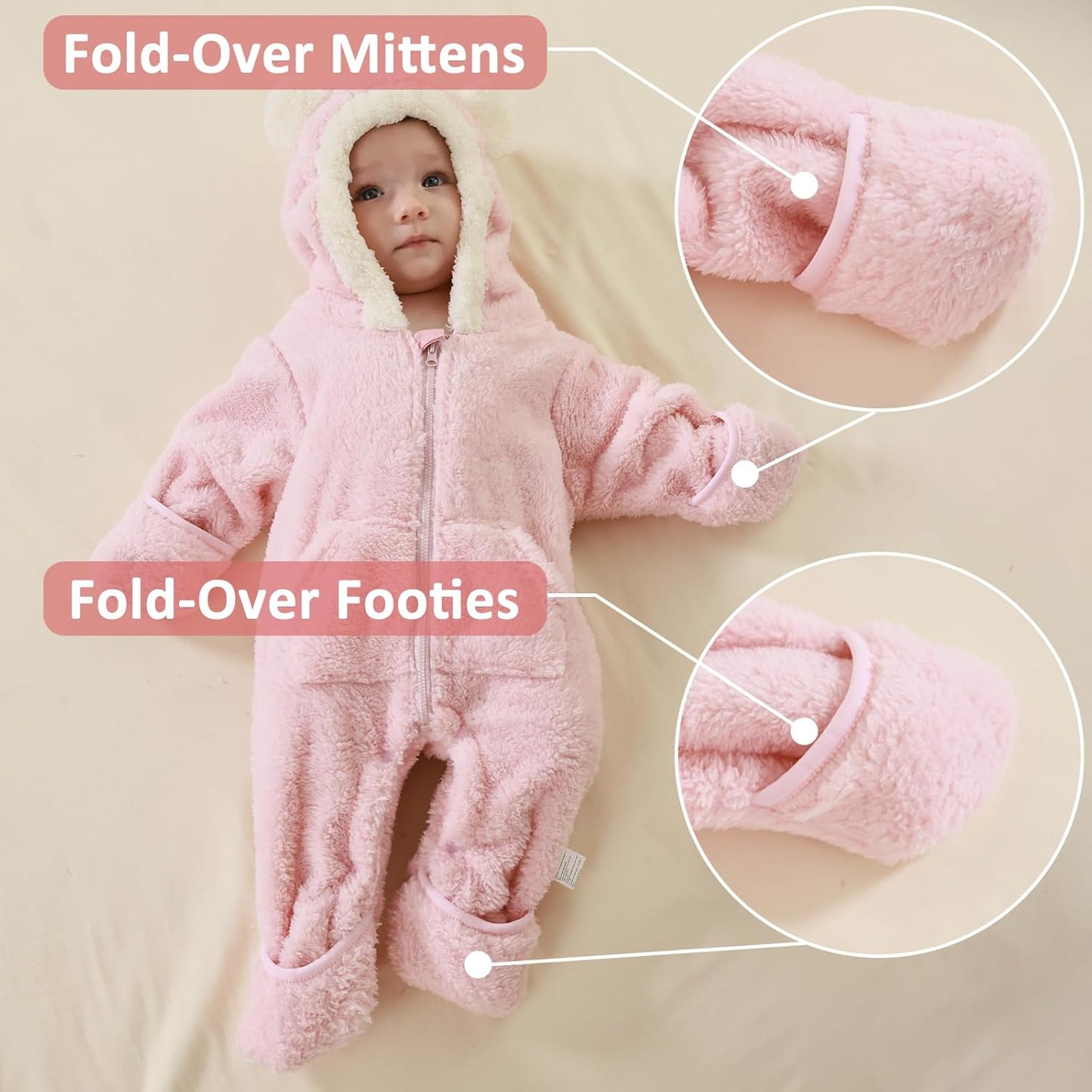 Traje Rosado de Oso para Bebé Recién Nacido con Mitones Plegables y Patucos para Niñas y Niños Ropa de Invierno de Vellón con Capucha Mameluco Traje de Nieve