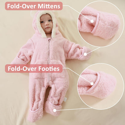Traje Rosado de Oso para Bebé Recién Nacido con Mitones Plegables y Patucos para Niñas y Niños Ropa de Invierno de Vellón con Capucha Mameluco Traje de Nieve