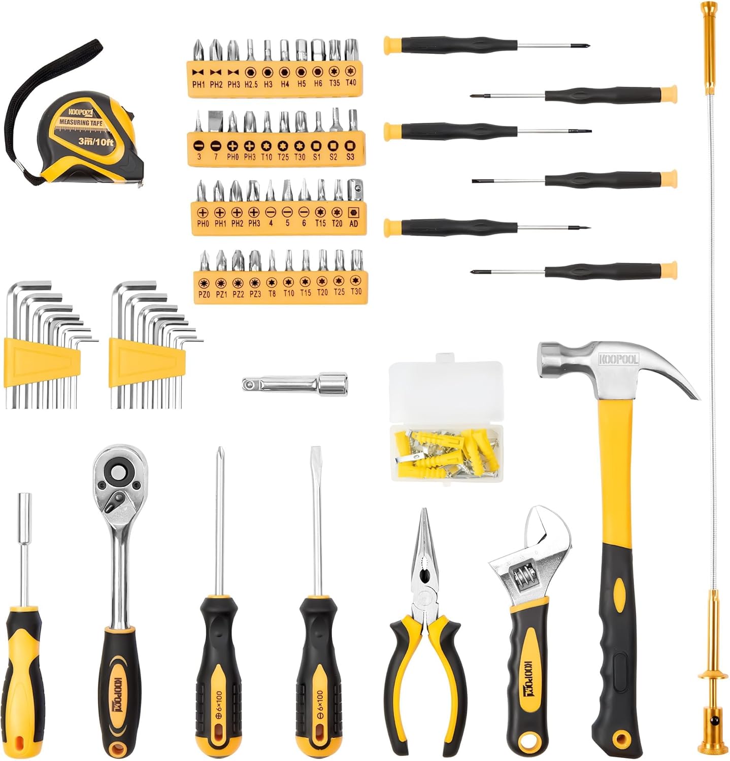 Set de Herramientas 159 Piezas KOOPOOL, Kit Completo con Caja Organizadora Plástica, Herramientas Manuales para Hogar, Auto y Reparaciones Generales