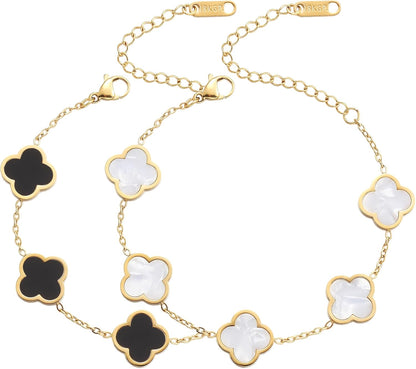 Pulsera Trébol de la Suerte para Mujer | Baño de Oro 18K con Flor Cuatro Hojas Blanco/Negro/Rojo/Verde | Joyería Elegante y Moderna