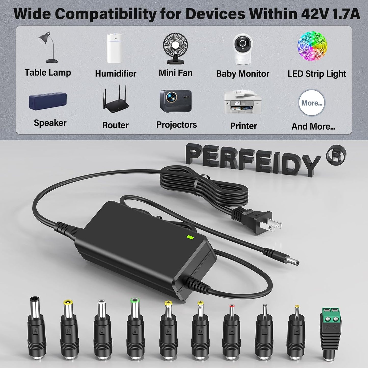 Cargador de cable de alimentación de 42V 1.7A 1.5A 1A 0.5A DC en adaptador de 42V | 10 tomas intercambiables | Fuente de alimentación 42V | 1700 mA 1600 mA 1500 mA