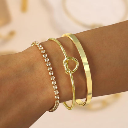 Set de Pulseras para Mujer – Brazalete Dorado Tipo Cuff con Nudo + Pulsera Tennis con Zirconias, Baño de Oro 14K, Antidesgaste, Elegante y de Moda