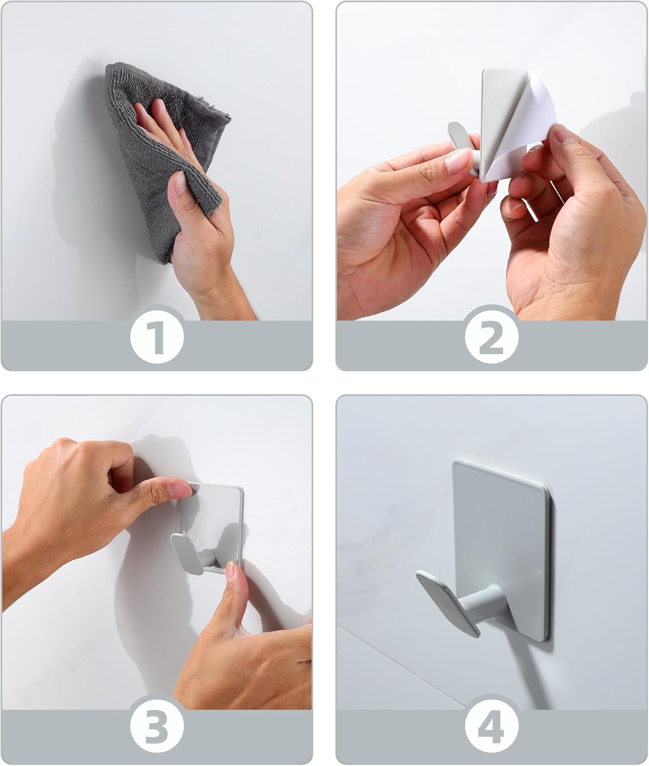 Ganchos adhesivos | Paquete de 4 ganchos de pared para toallas/abrigos | Para baño o cocina | Color: Gris