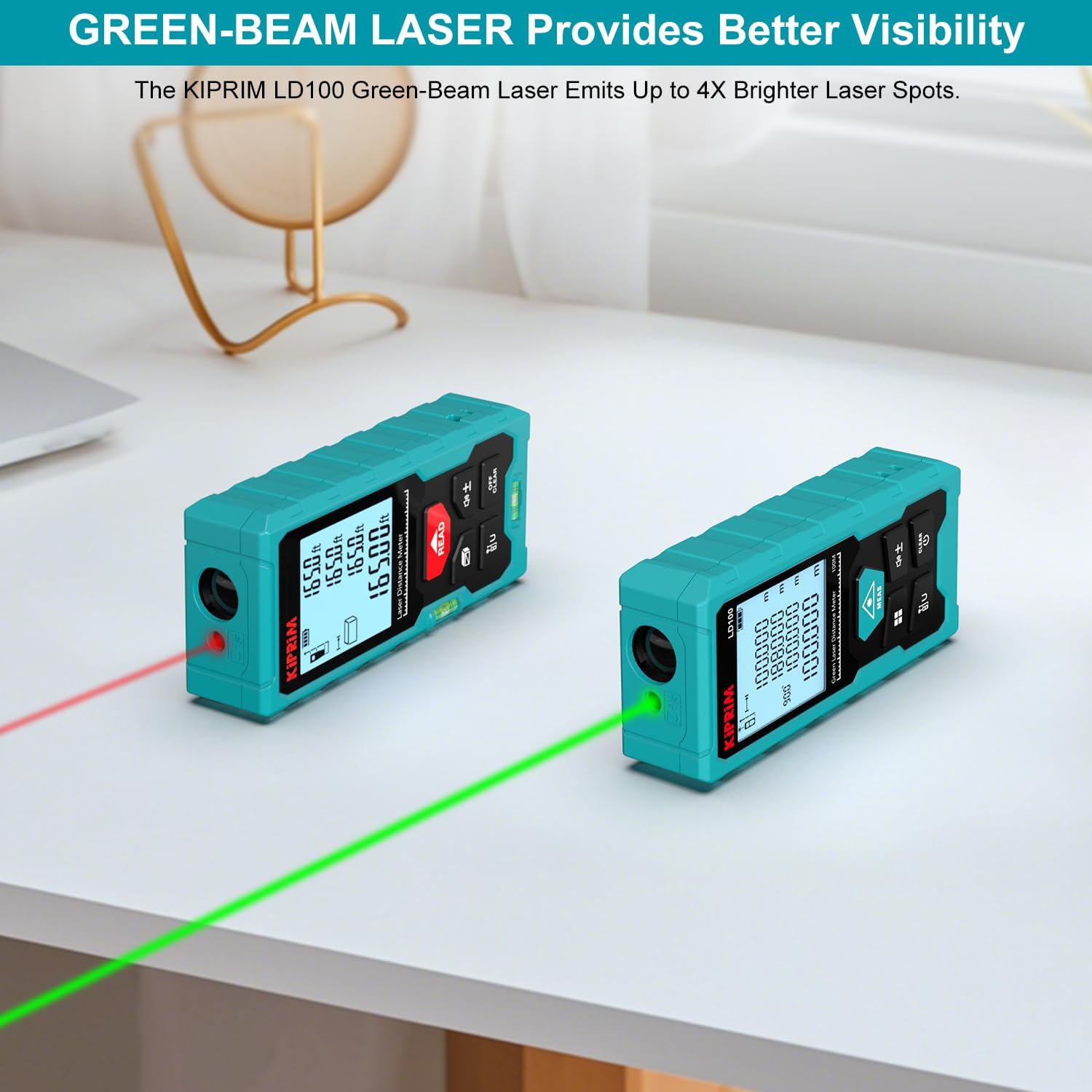 Medidor Láser Verde LD100, 328ft / 100M, Recargable USB-C, Alta Precisión ±2mm, Nivel Electrónico, 10 Funciones, Memoria 99 Datos, IP54