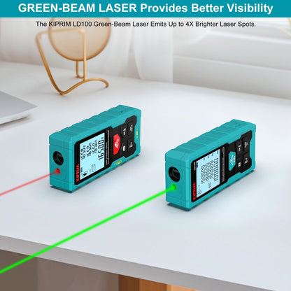 Medidor Láser Verde LD100, 328ft / 100M, Recargable USB-C, Alta Precisión ±2mm, Nivel Electrónico, 10 Funciones, Memoria 99 Datos, IP54