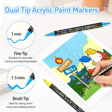 Marcadores de pintura acrílica | Punta doble | 24 colores | Bolígrafos con punta de pincel y punta fina | Apto para hojas, rocas, madera, lienzo, piedra, vidrio, cerámica
