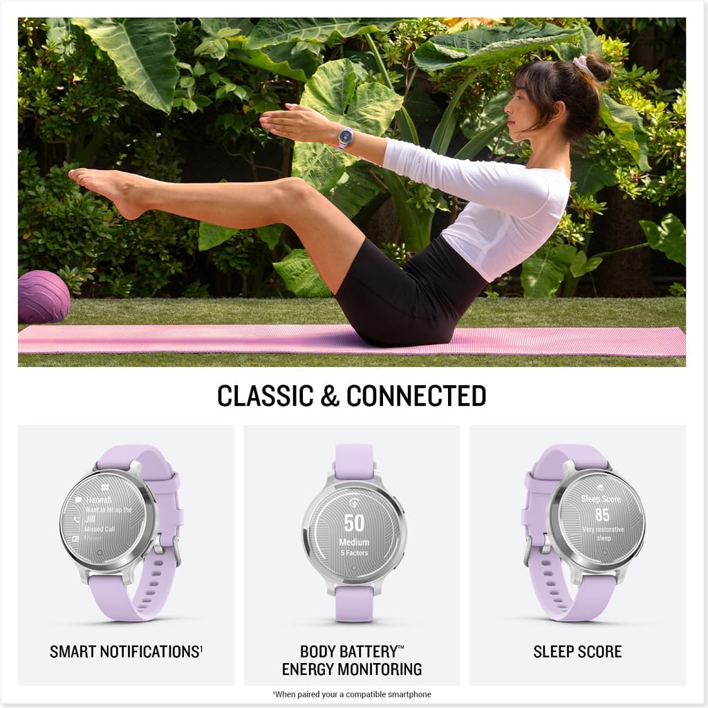 Garmin Lily 2 Active Smartwatch Mujer – Diseño Elegante con GPS Integrado, Salud & Fitness, 9 Días de Batería – Silver/Purple Jasmine