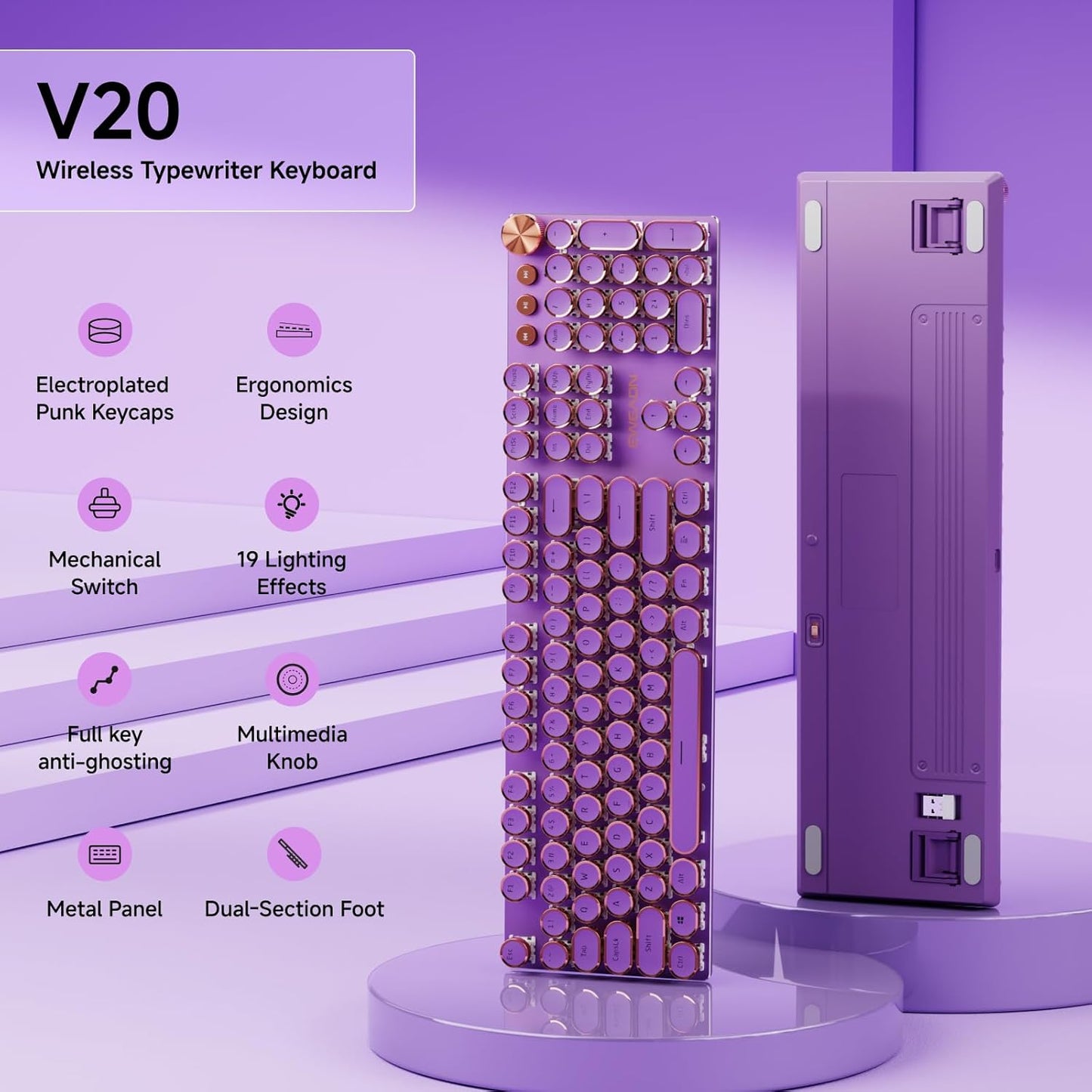 Teclado inalámbrico | 104 teclas estilo máquina de escribir mecánico con retroiluminación blanca | Perilla multimedia | Bluetooth/USB-C