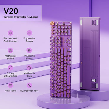 Teclado inalámbrico | 104 teclas estilo máquina de escribir mecánico con retroiluminación blanca | Perilla multimedia | Bluetooth/USB-C