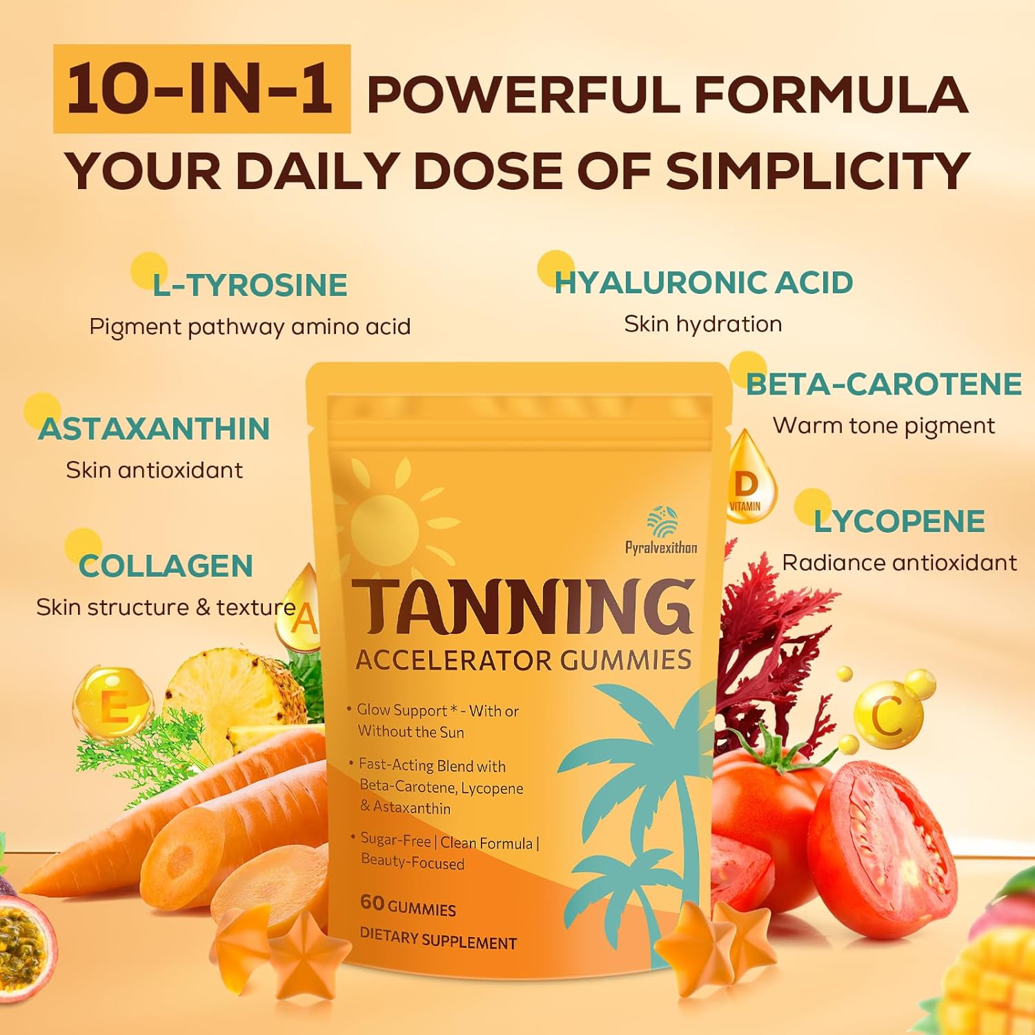 Gomitas bronceadoras con astaxantina para mujeres y hombres | Suplemento de bronceado sin sol con betacaroteno, licopeno, colágeno y vitaminas | Radiancia e hidratación de la piel | Vegano