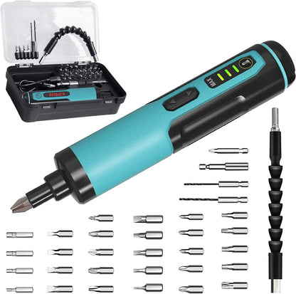 Destornillador Eléctrico Kiprim 4V Recargable, Torque Ajustable, 33 Puntas Magnéticas + 2 Brocas, Doble Linterna LED, Maletín y Cable Tipo-C