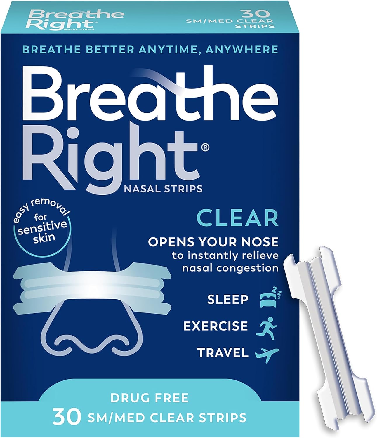Breathe Right Tiras Nasales Originales Transparentes | 30 Unidades | Piel Sensible | Alivio de Congestión y Ronquidos | Drug-Free