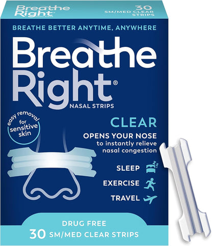 Breathe Right Tiras Nasales Originales Transparentes | 30 Unidades | Piel Sensible | Alivio de Congestión y Ronquidos | Drug-Free