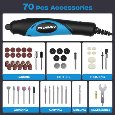Herramienta Rotativa Eléctrica 18V PHIRAH – Mini Rotary Tool Kit con 5 Velocidades, 70 Accesorios, Multiuso para Lijar, Pulir, Tallar, Cortar y Perforar – Kit de Manualidades DIY