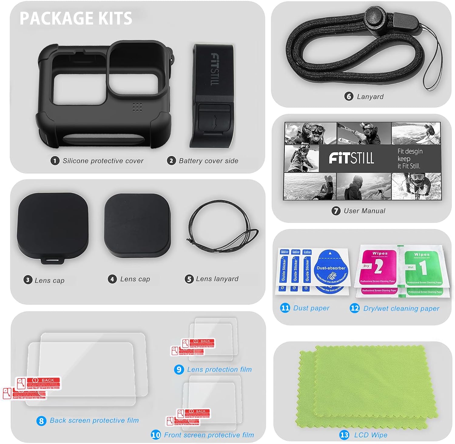 Kit de Funda de Silicona para GoPro Hero 12/11/10/9 Black + Protectores de Pantalla y Lente + Puerta Lateral con Acceso de Carga (Color: Negro)
