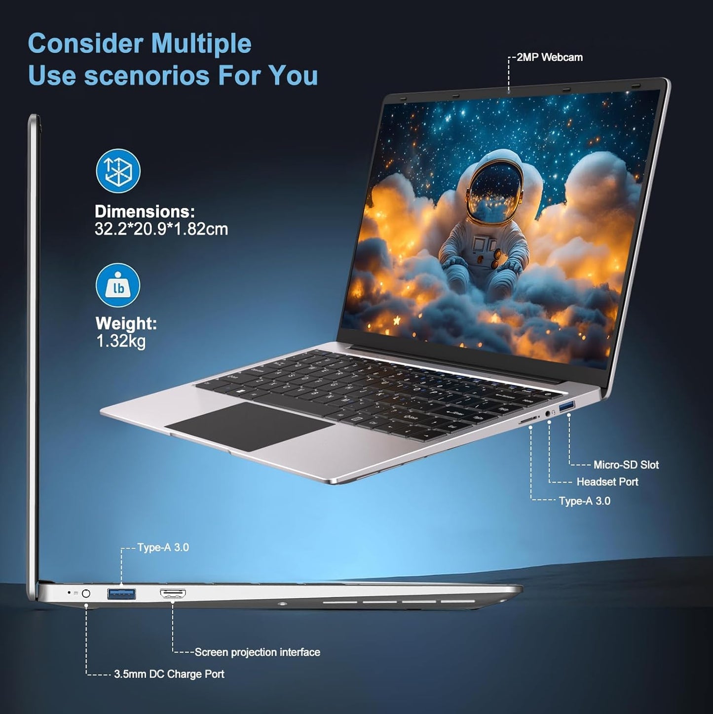 2025 14 Inch Laptop Computer Win 11 8GB+256GB SSD up to 1TB SSD Expand Laptops N4020 up to 2.8Ghz DDR4 1080P FHD Dual Wifi BT4.2 with Webcam Screen Projection Function for Business Student-Silver