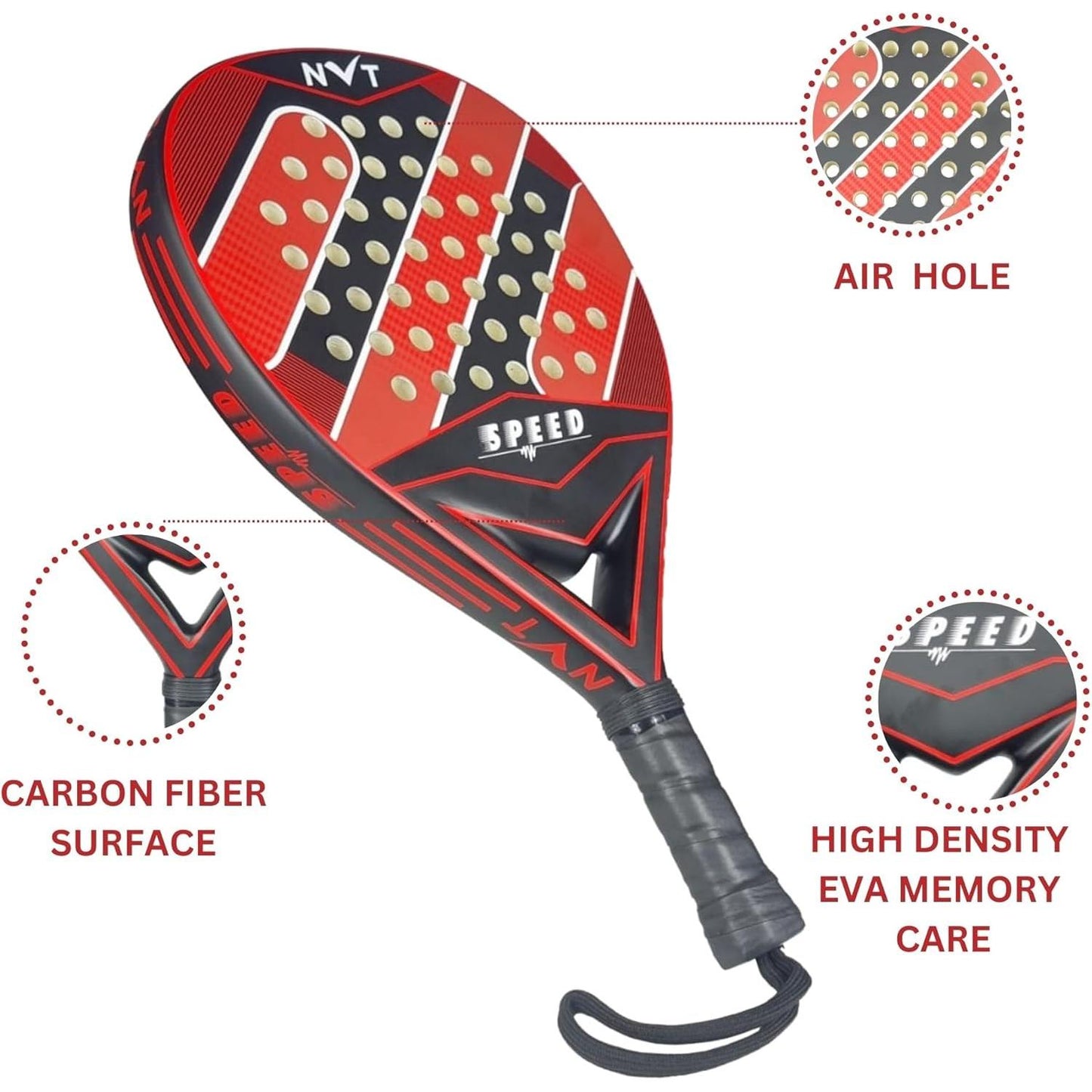 Paleta de pádel | Fibra de carbono | diseño ligero con agarre cómodo | Cabeza híbrida de fibra de vidrio y fibra de carbono