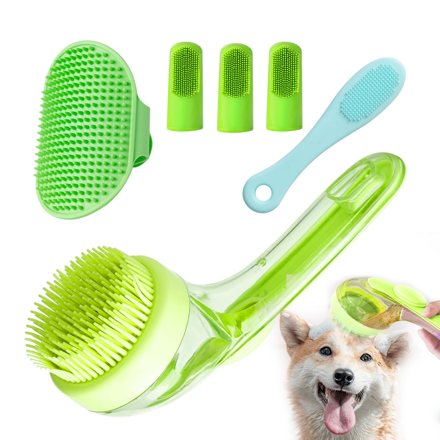 Set de Baño para Mascotas 6 Piezas | Cepillo con Dispensador de Shampoo, Cepillo de Barbilla para Gatos, Cepillo de Dientes y Guante de Masaje Ajustable