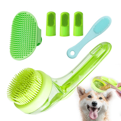 Set de Baño para Mascotas 6 Piezas | Cepillo con Dispensador de Shampoo, Cepillo de Barbilla para Gatos, Cepillo de Dientes y Guante de Masaje Ajustable